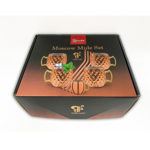 Zestaw Moscow Mule Diamond, kubki, słomki, jigger miedziany